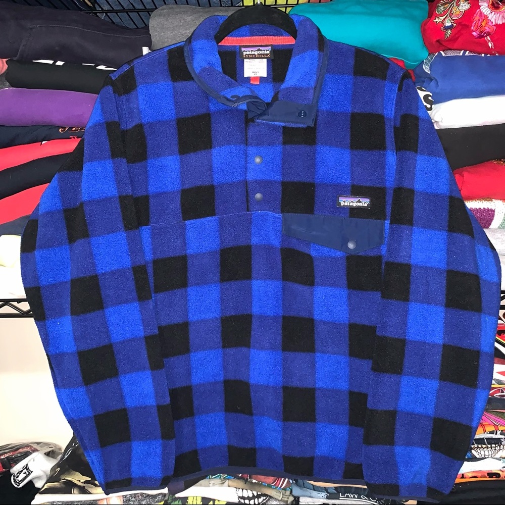 Blue and black checkered Patagonia synchilla fleece sweater